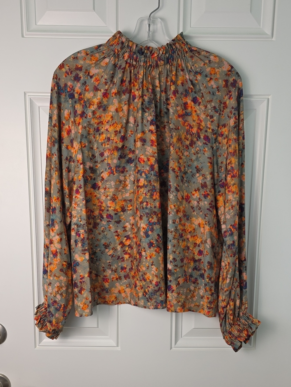 Marie Oliver Floral Smocked-Neck Blouse - Orange, Blue, Tan. Size Medium